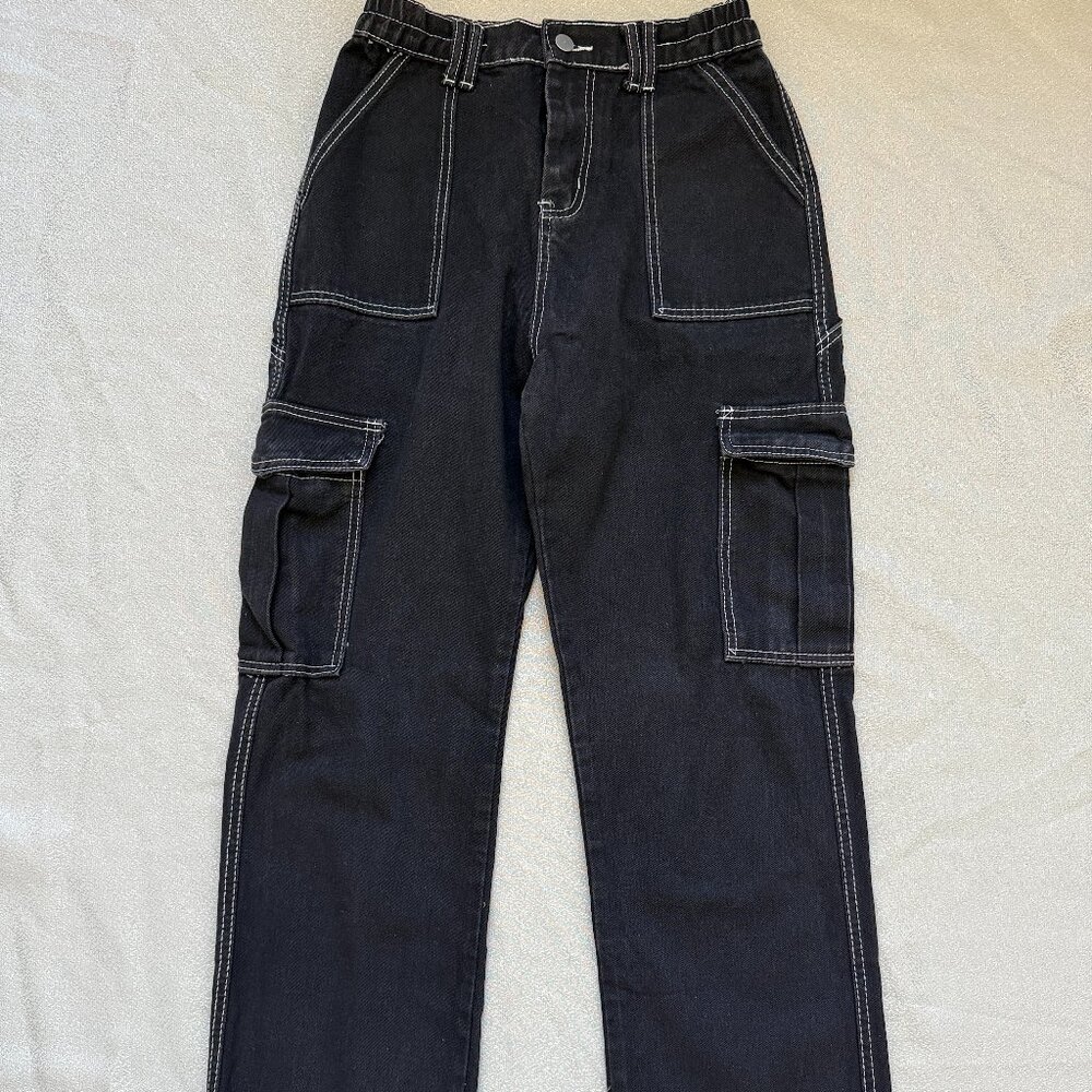 Women's Cargo Pants Flap Pocket Straigh Leg Black Size L